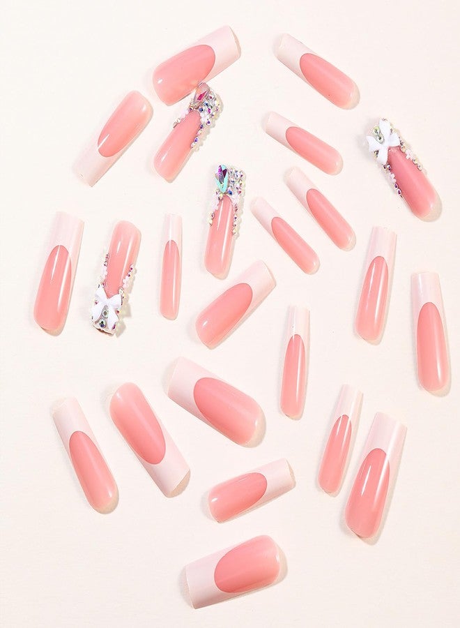 BSBTBZ 24pcs Long Press on Nails Coffin Nails Shiny with Charms French luxury Fake Nails Bow Flower Designs Cute Press ons Rhinestone Nails White French False Nail Tip Artificial Nails Finger Manicure - Image 2